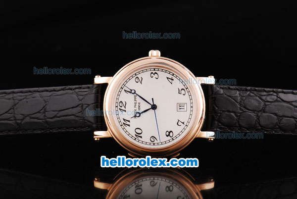 Patek Philippe Swiss ETA 2836 Automatic Movement Rose Gold Case with White Dial and Black Numeral Marker-Black Leather Strap - Click Image to Close